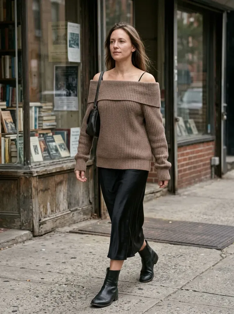 Mocha Off-The-Shoulder Ribbed Sweater with Black Sleeveless Slip Dress