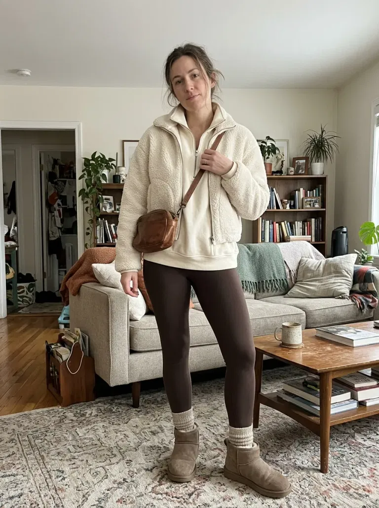 Cream Teddy Jacket with Dark Brown Leggings