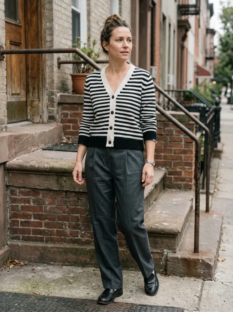 Black-And-White Striped V-Neck Cardigan with Charcoal Tailored Trousers