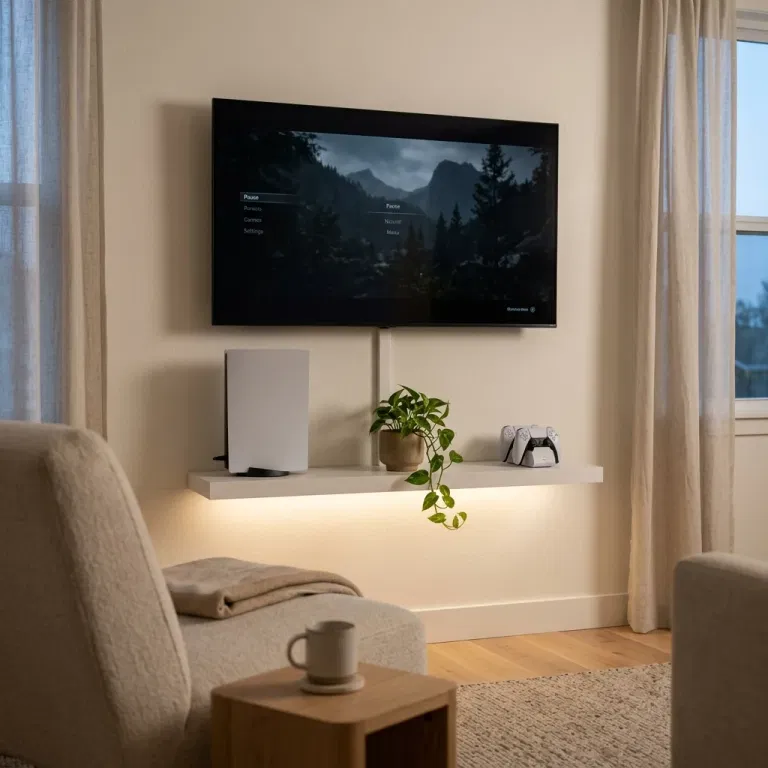 Wall-mounted TV console setup with a slim white floating shelf, PS5 console, controller dock, and warm under-shelf light