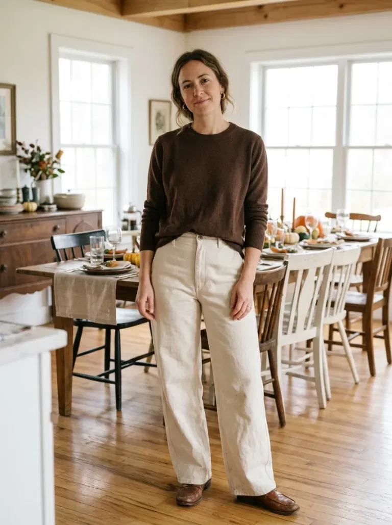 Chocolate Sweater and Cream Wide-Leg Trousers