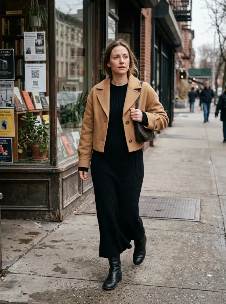Black Ribbed Maxi Sweater Dress with Camel Cropped Jacket