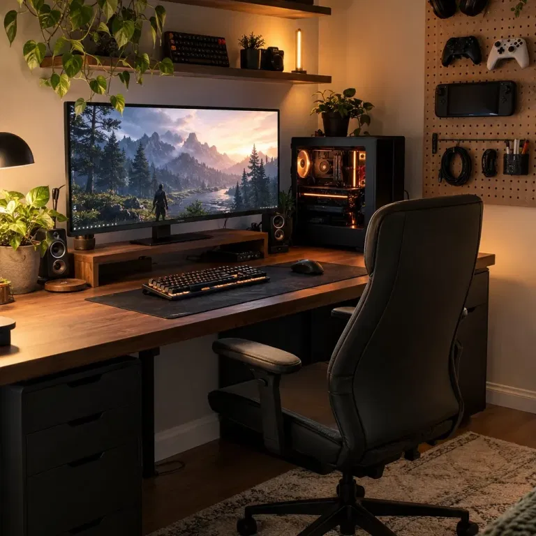 Gaming setup with a controller pegboard above a monitor and wooden desk