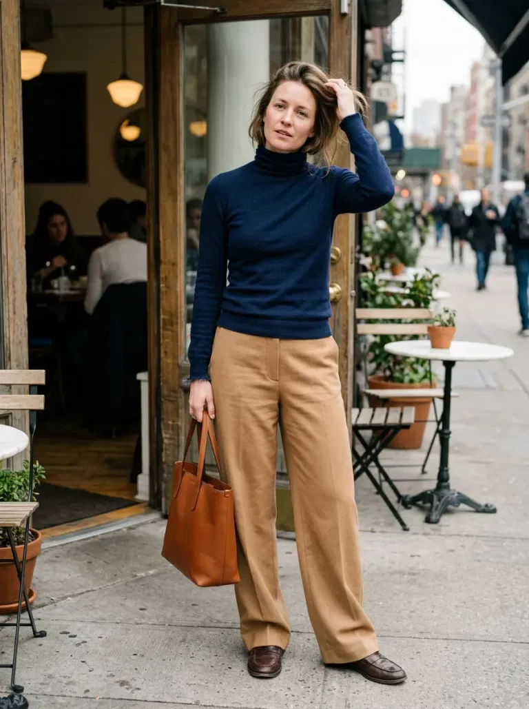 Navy Blue Fitted Turtleneck Sweater with Camel Wide-Leg Trousers