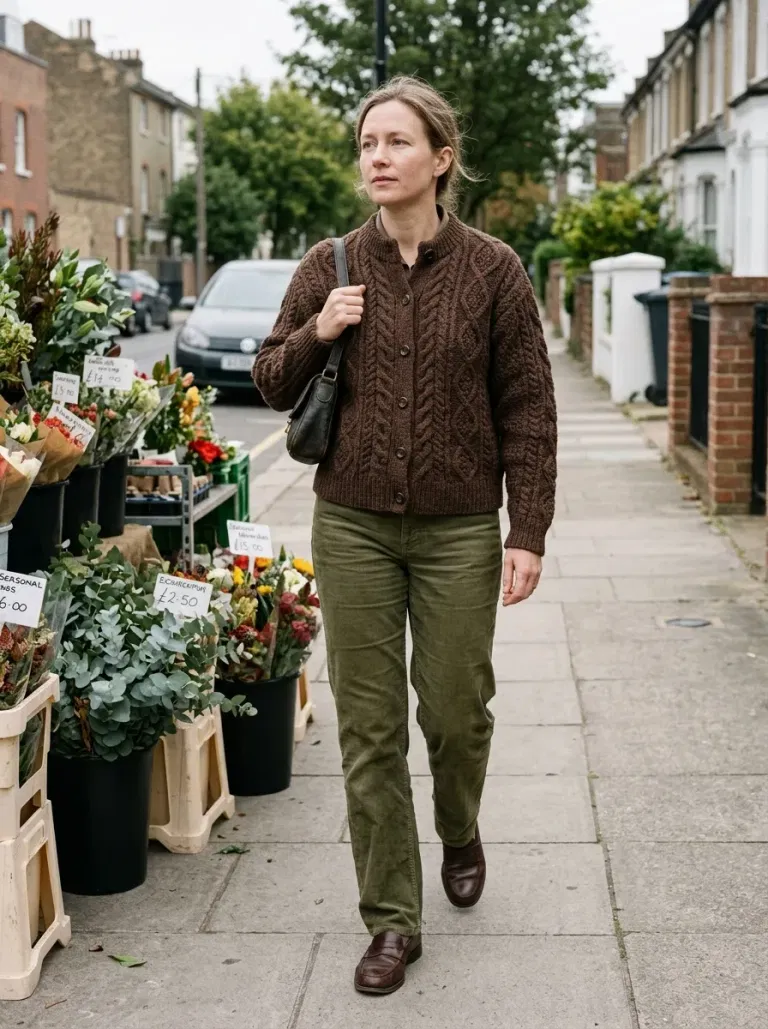 Chocolate Cable Cardigan with Olive Corduroy Trousers