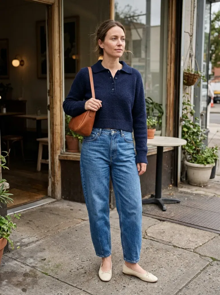 Navy Cropped Polo Sweater with High-Rise Mid-Blue Barrel Jeans
