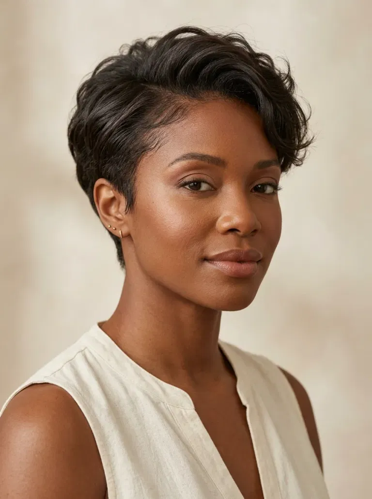 Black woman wearing a wavy pixie bob hairstyle