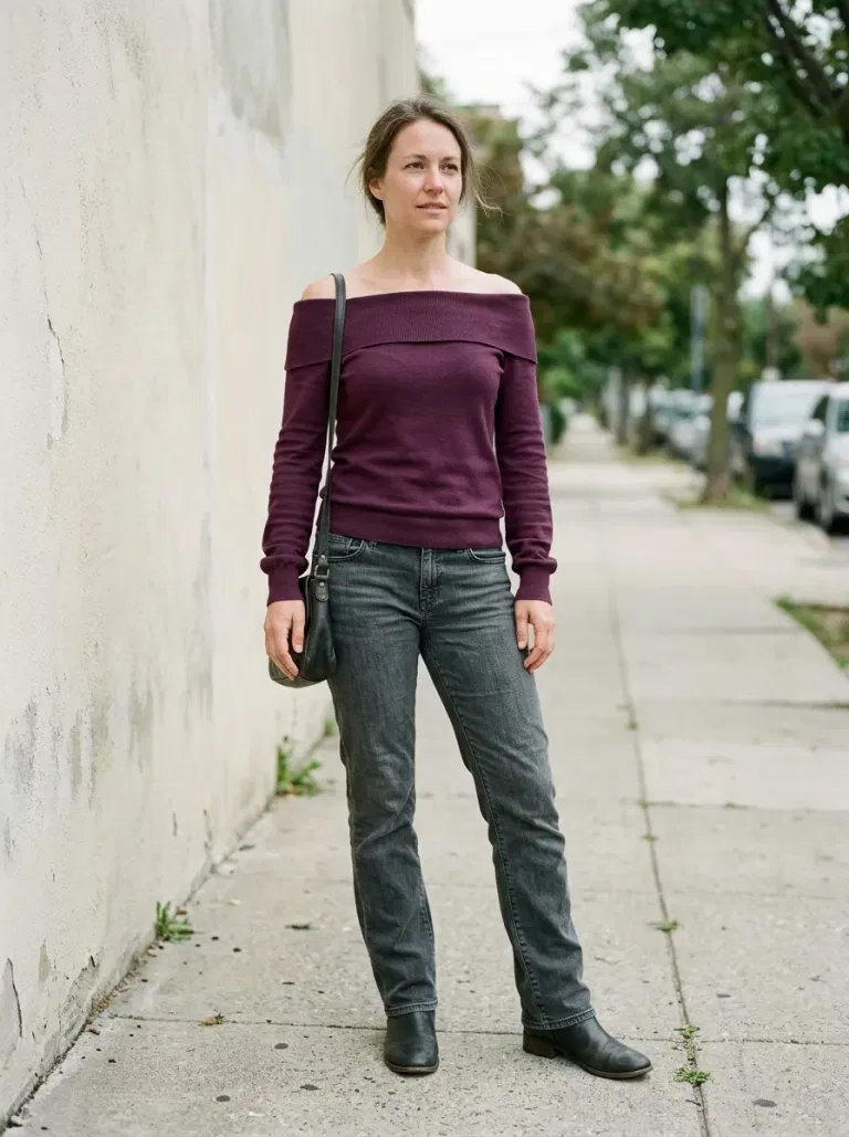 Plum Off-The-Shoulder Fine-Knit Sweater with Dark Grey Straight Jeans