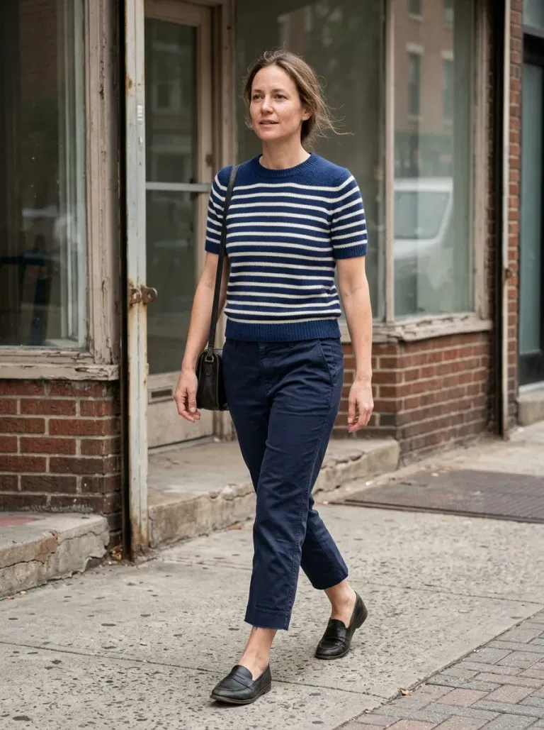 Blue Striped Short-Sleeve Sweater with Navy Cropped Chinos