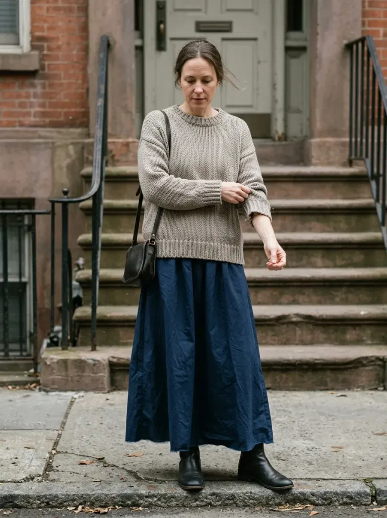 Stone Cotton Tape-Knit Sweater with Navy Poplin Maxi Skirt