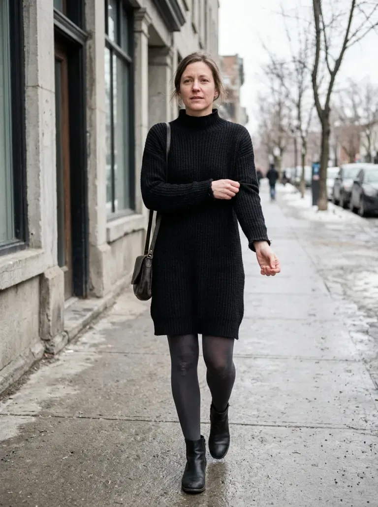 Black Mock-Neck Knee-Length Sweater Dress with Charcoal Opaque Tights