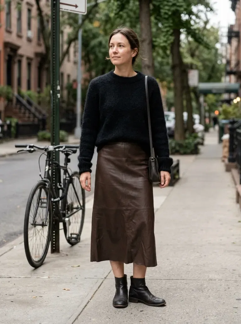 Black Fuzzy Crewneck Sweater with Chocolate Leather-Look Midi Skirt