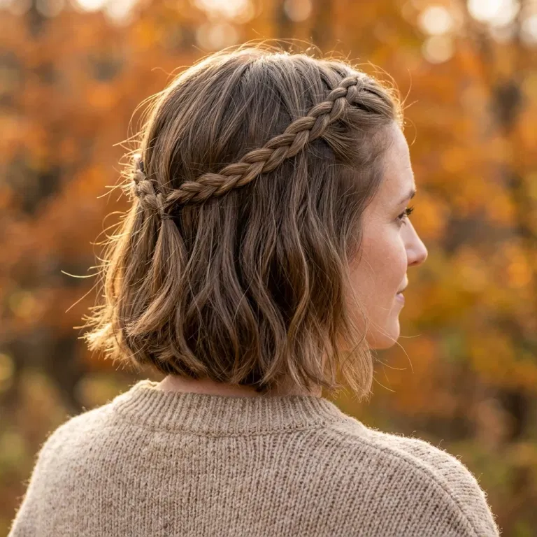 Short hair styled with a small braided crown
