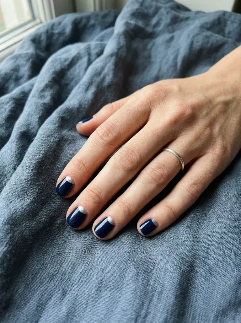 Navy and Silver Crescent nail design