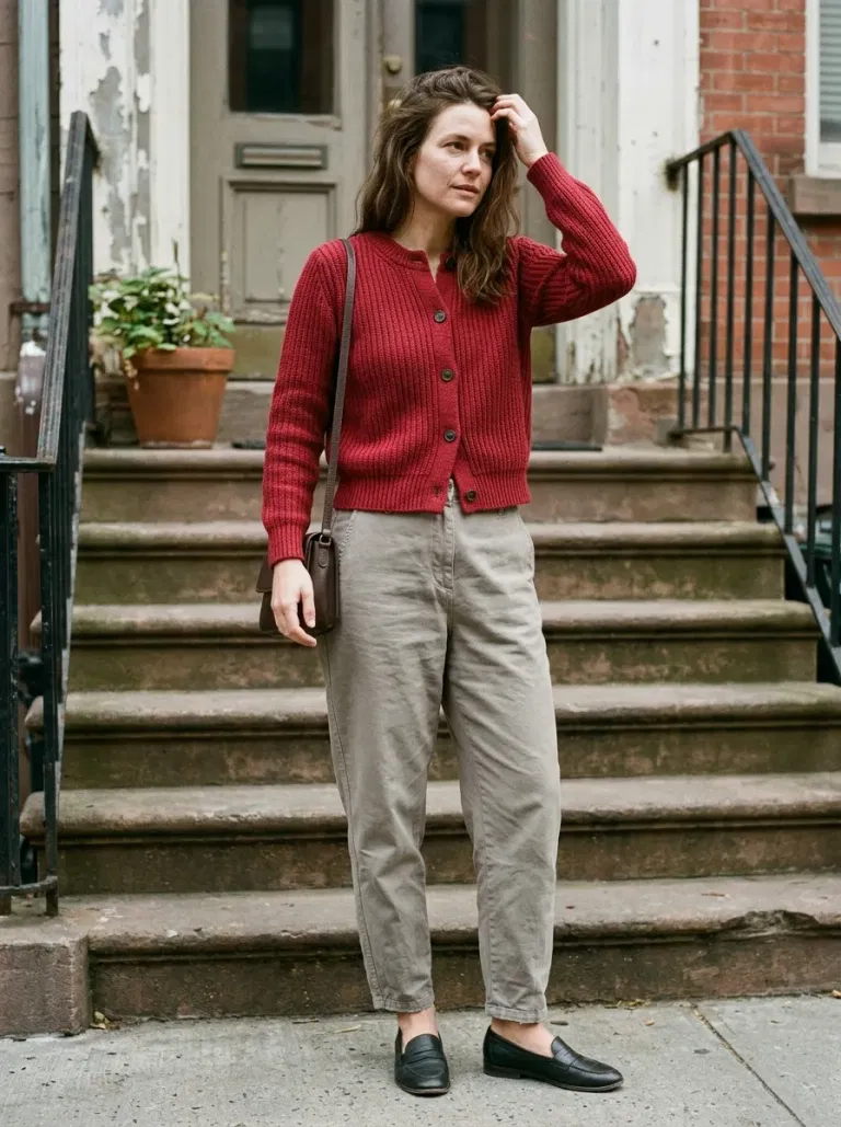 Cranberry-Red Ribbed Cardigan with Stone Tapered Trousers