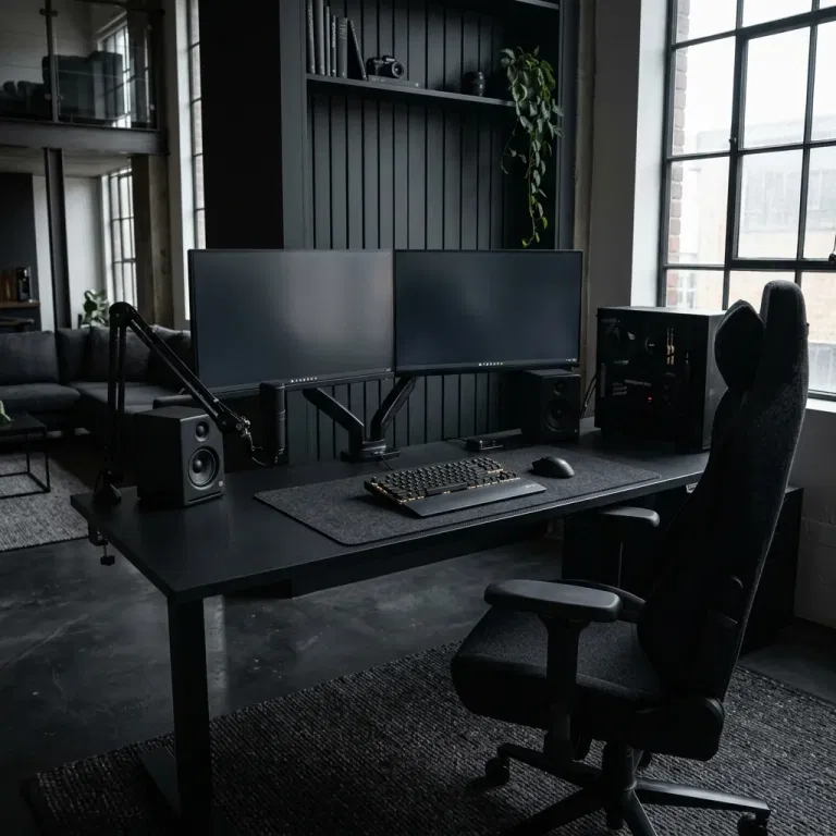 Matte black gaming desk with dual monitors and a charcoal desk mat
