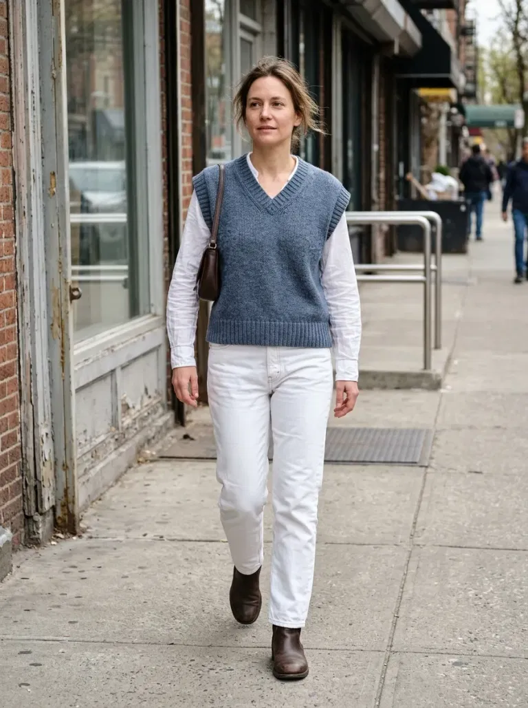 Slate-Blue Sweater Vest with White Straight Jeans