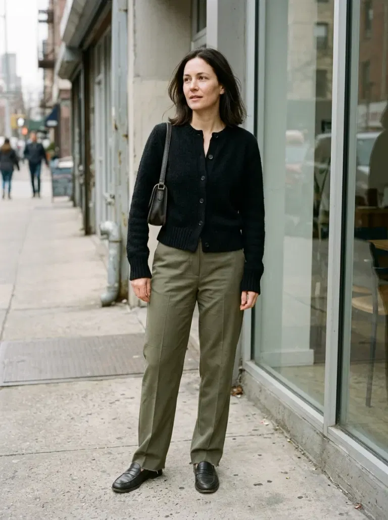 Black Button-Front Cardigan with Olive Tailored Trousers