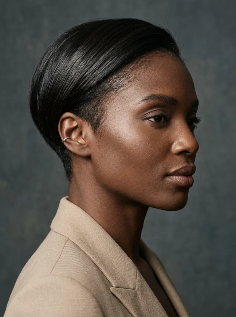 Black woman wearing a straight pixie with a soft undercut