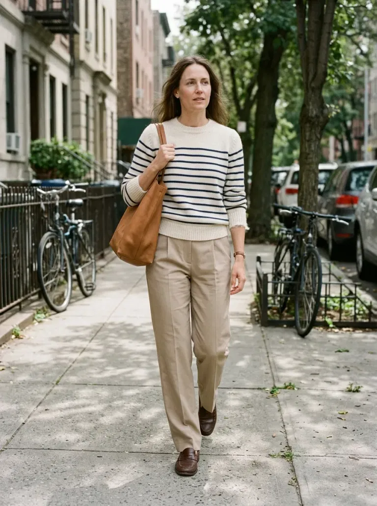 Cream Sweater With Thin Navy Stripes with Beige Tailored Trousers
