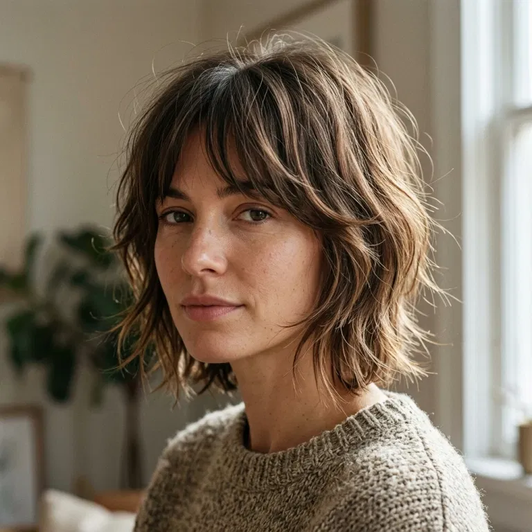 Woman wearing a short shag haircut with airy layers