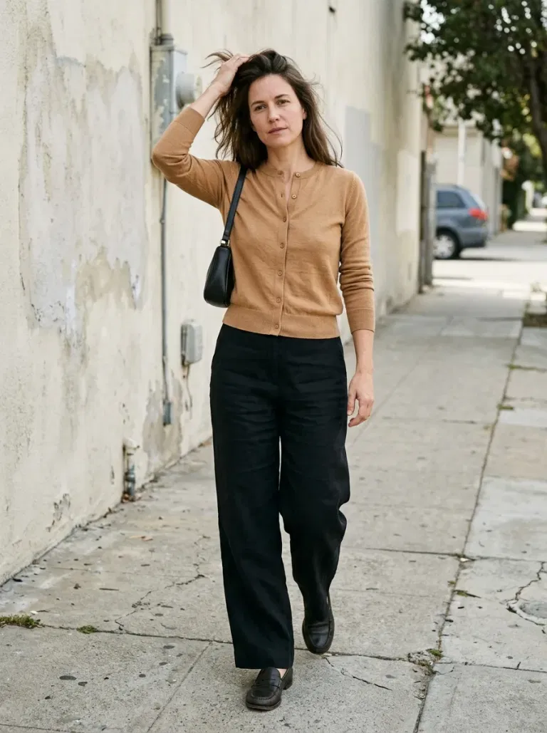 Camel Fine-Knit Cardigan with Black Linen Wide-Leg Trousers