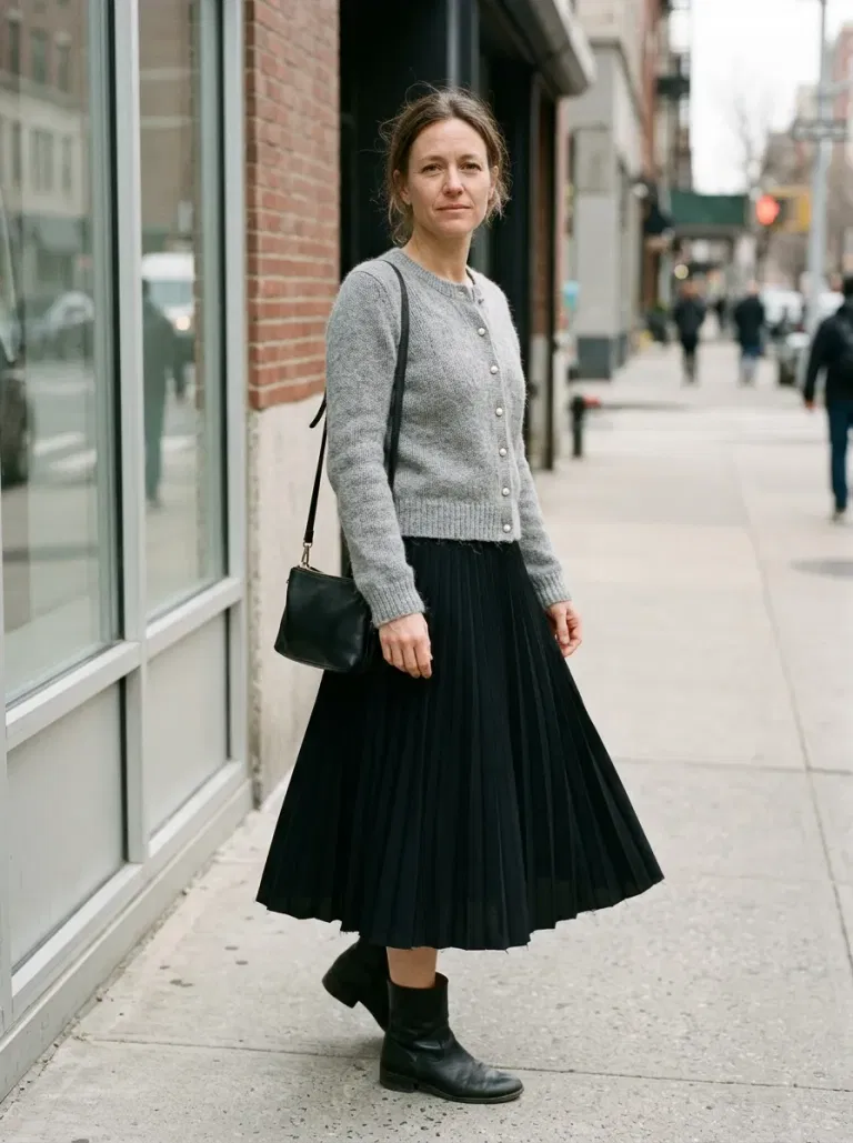 Soft-Grey Pearl-Button Cardigan with Black Pleated Midi Skirt