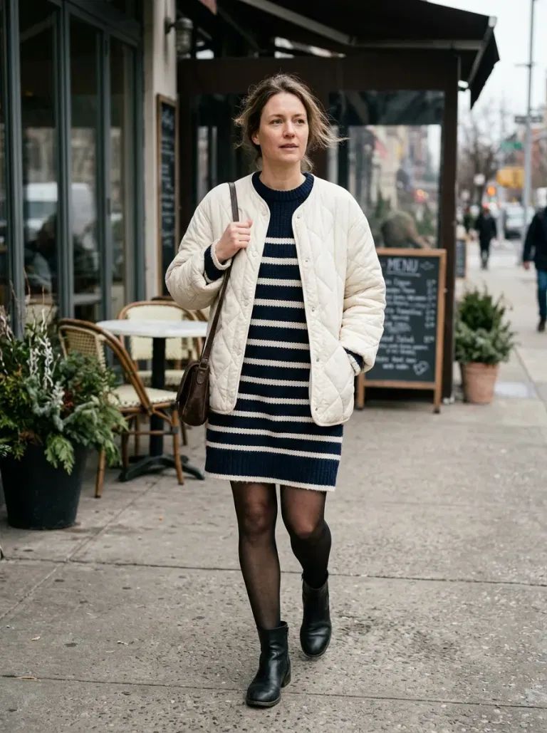 Navy Striped Sweater Dress with Cream Quilted Jacket
