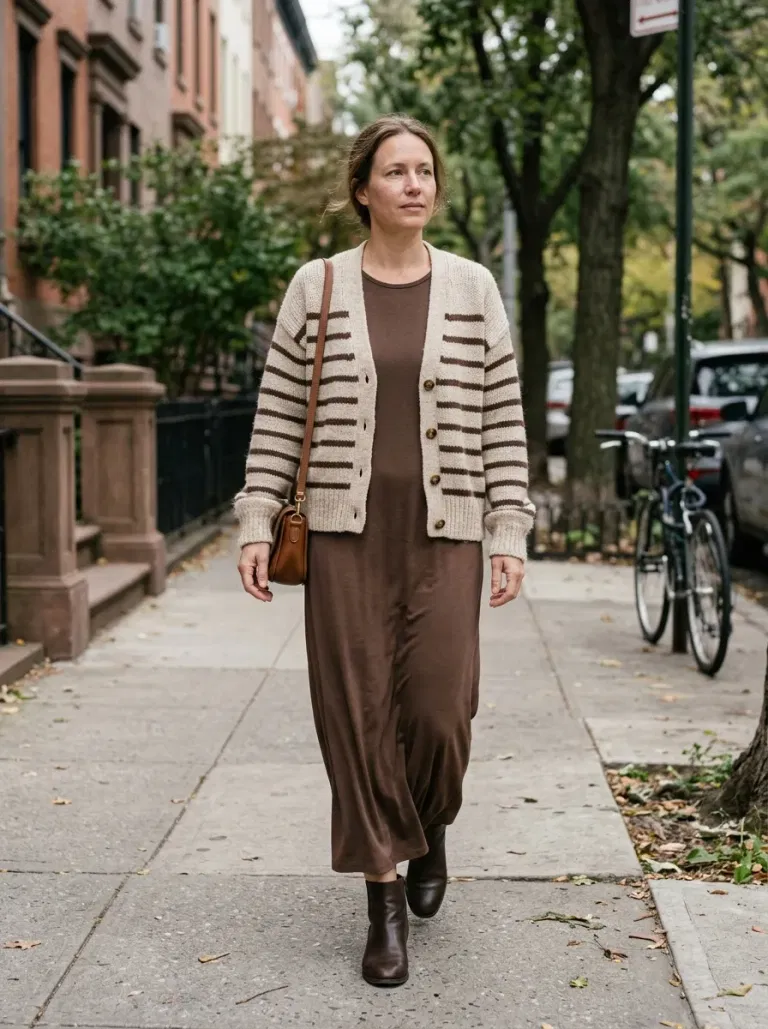 Oatmeal Cardigan With Chocolate Stripes with Brown Jersey Maxi Dress