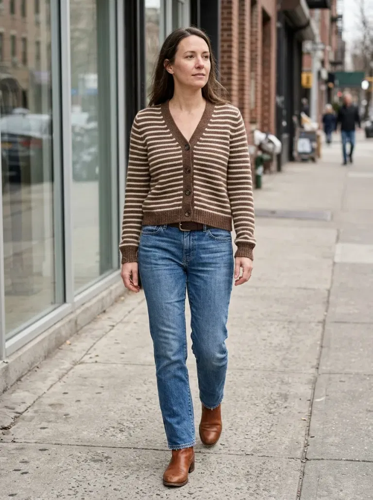 Brown-And-Cream Striped Cardigan with Mid-Wash Straight Jeans