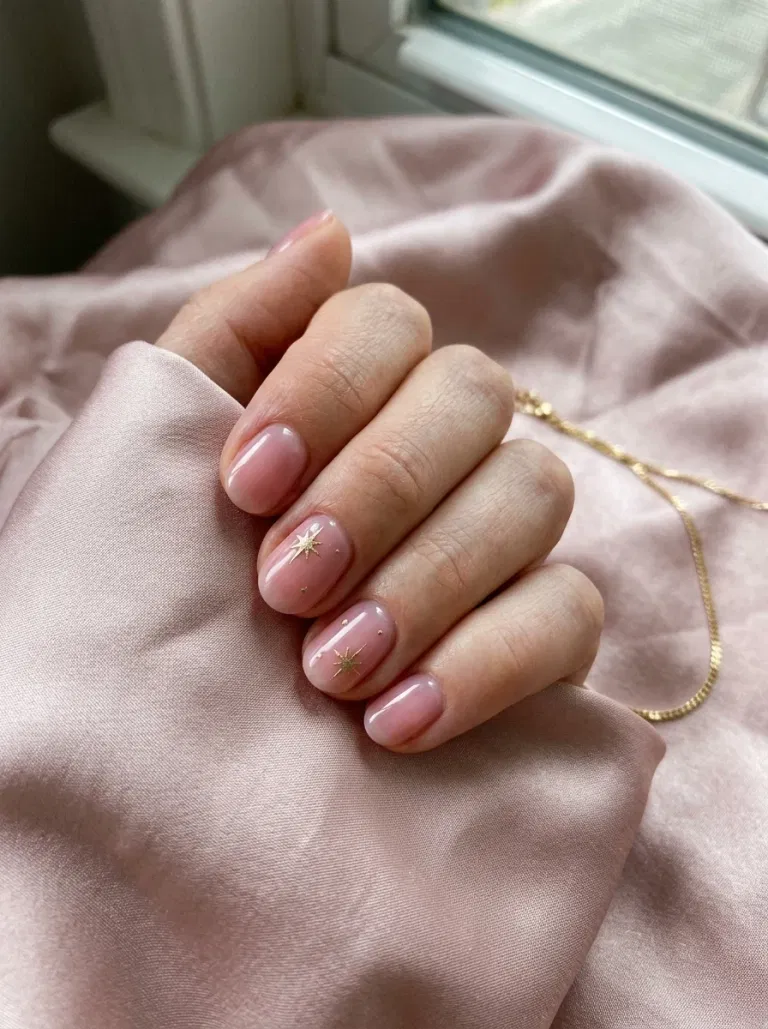 Sheer Rose with Gold Starbursts nail design