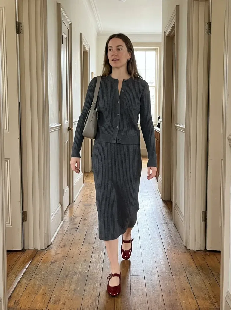 Oxblood Mary Janes with a Gray Knit Set