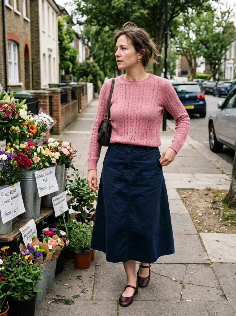 Rose-Pink Pointelle Sweater with Navy Cotton Midi Skirt