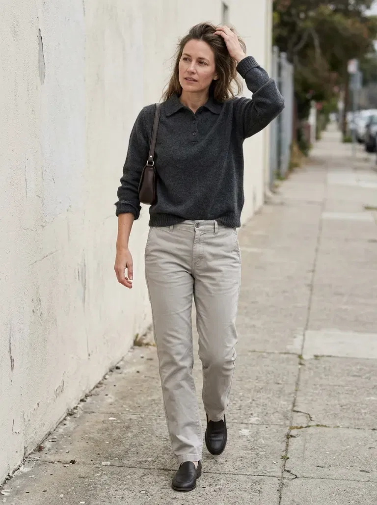 Graphite Polo Sweater with Stone Straight Chinos