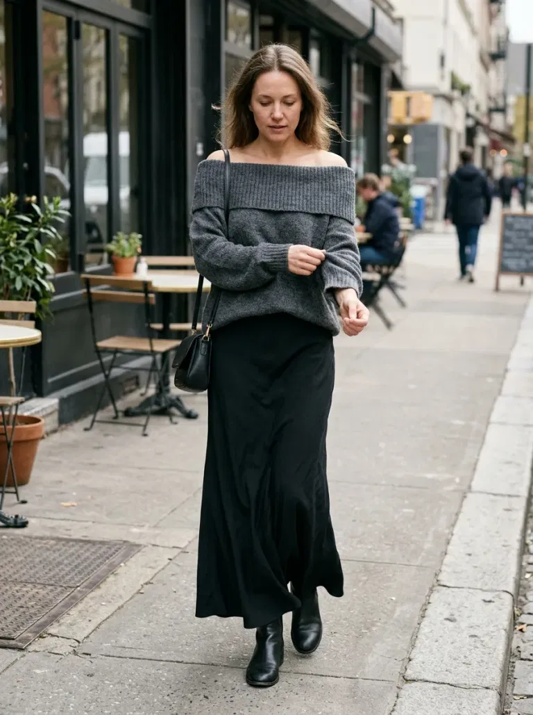 Charcoal Off-The-Shoulder Slouchy Sweater with Black Bias-Cut Maxi Skirt