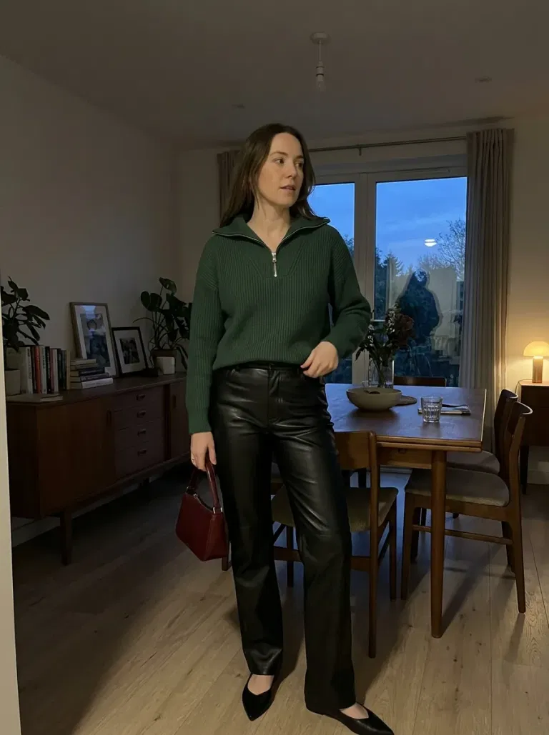 Forest Green Sweater and Black Leather-Look Pants