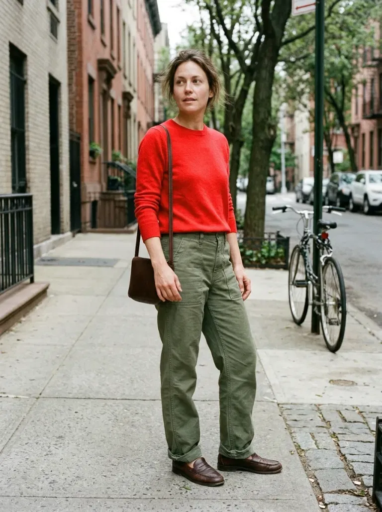 Poppy-Red Fine-Knit Sweater with Olive Utility Trousers