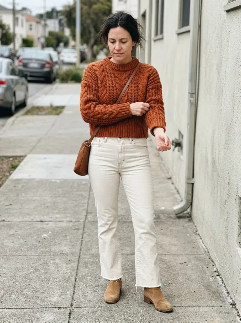 Rust Cropped Fisherman Sweater with High-Rise Ecru Kick-Flare Jeans