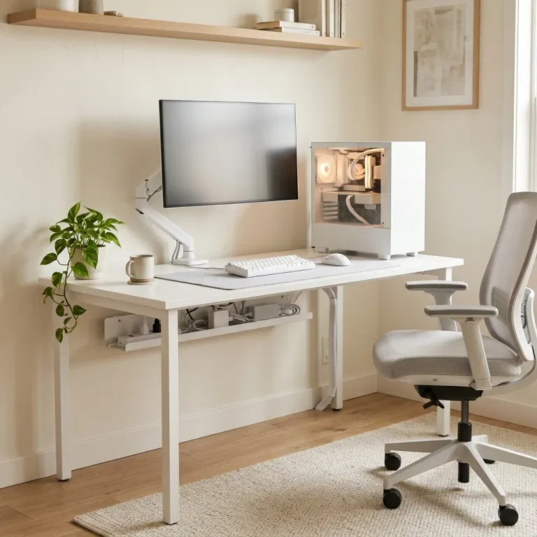 Matte white gaming desk with an undermount cable tray, white PC tower, monitor arm, and cable sleeve