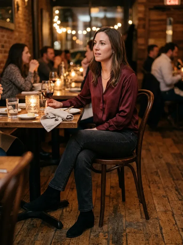 Burgundy Silk-Look Blouse with Black Jeans