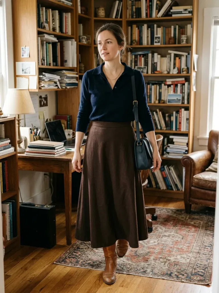 Navy Polo Knit and Chocolate Maxi