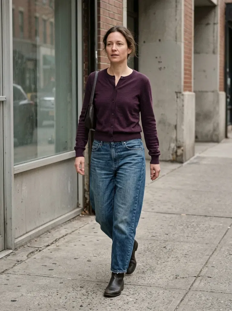 Deep-Plum Fine-Knit Cardigan with Mid-Wash Barrel Jeans