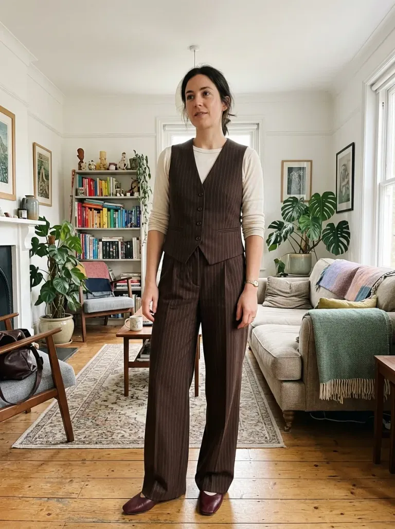 Chocolate Pinstripe Vest and Wide-Leg Pants