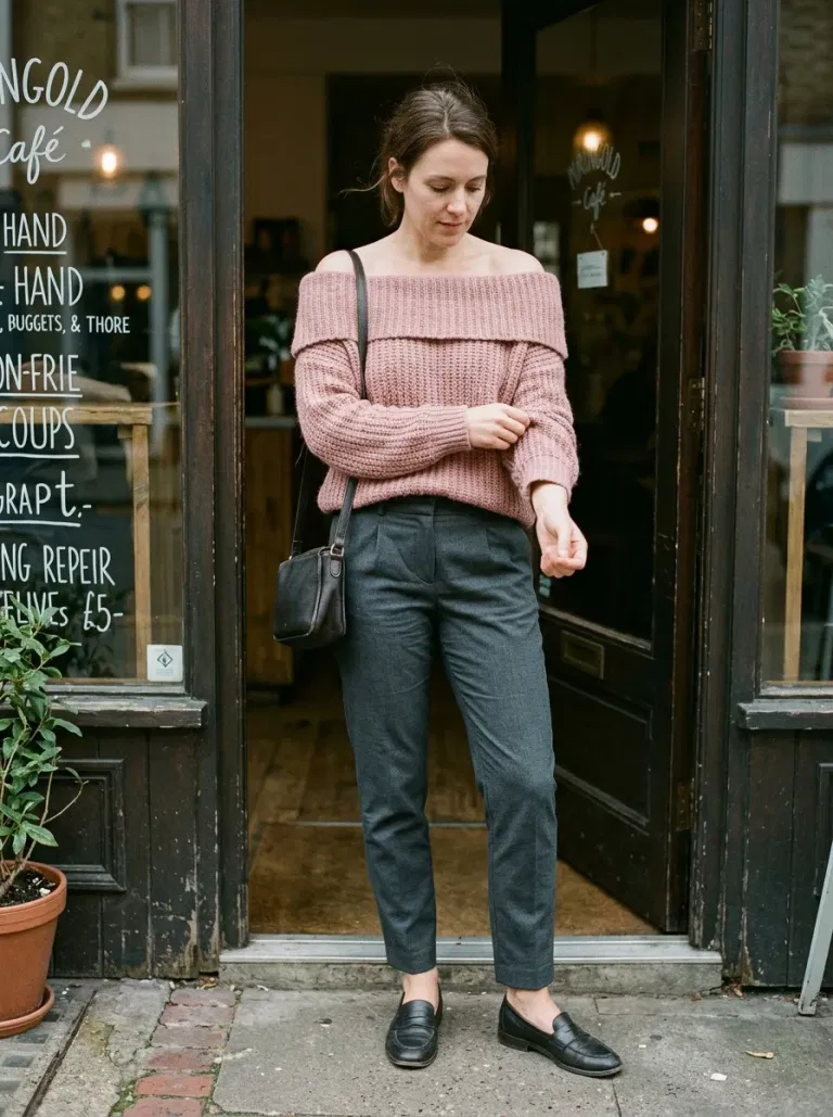 Dusty-Pink Off-The-Shoulder Sweater with Charcoal Cigarette Trousers