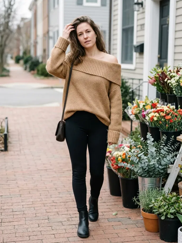 Camel Off-The-Shoulder Slouchy Sweater with Black Ponte Leggings