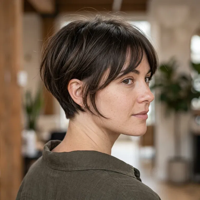 Woman wearing a bixie haircut with a neatly tapered nape
