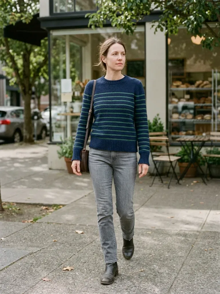 Navy Sweater With Thin Green Stripes with Grey Slim-Straight Jeans