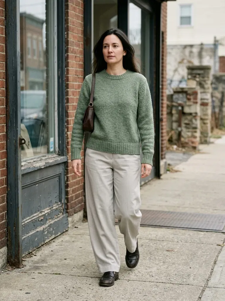 Sage Textured Crewneck Sweater with Stone Wide-Leg Trousers
