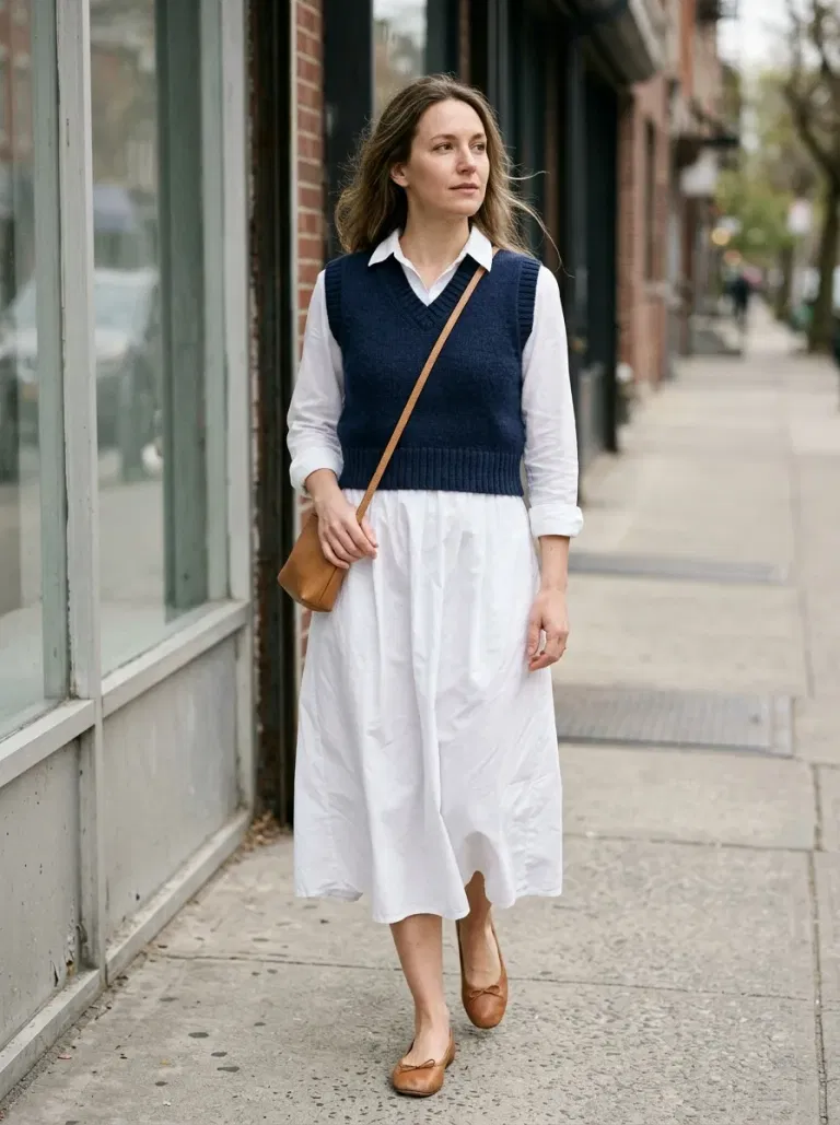 Navy Cropped Sweater Vest with White Poplin Midi Skirt