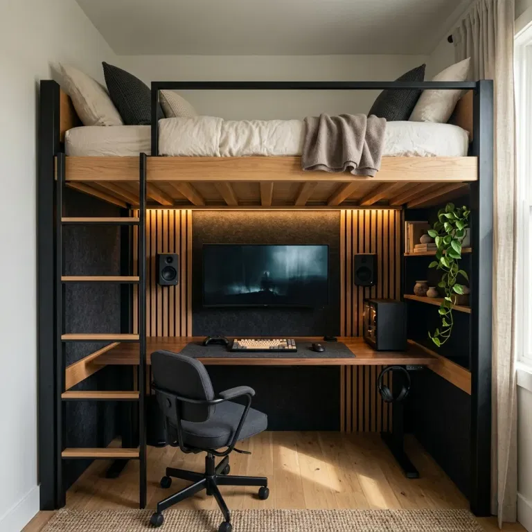 Gaming workstation tucked beneath a loft bed with warm lighting